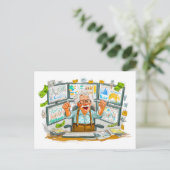 Ouder man viert succes op aandelenmarkt vreugdevol feestdagenkaart (Staand voorkant)