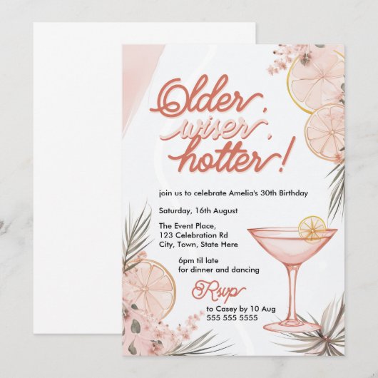 Ouder, wijzer, heter perzik roze cocktail verjaard kaart (Voorkant / Achterkant)