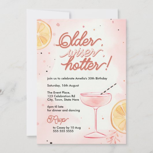 Ouder, Wiser, Hotter Pink Lemon Cocktail Verjaarda Kaart (Voorkant)