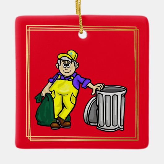 Oudere Gray Hair Garbage Man Kerstannament Keramisch Ornament (Voorkant)