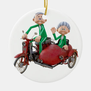 Oudere paar op een brommer met Sidecar Keramisch Ornament