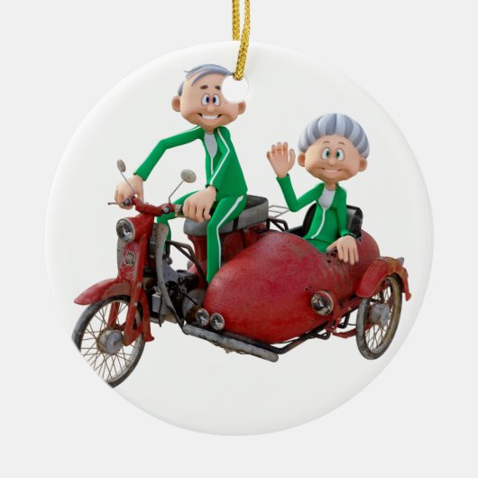Oudere paar op een brommer met Sidecar Keramisch Ornament (Voorkant)