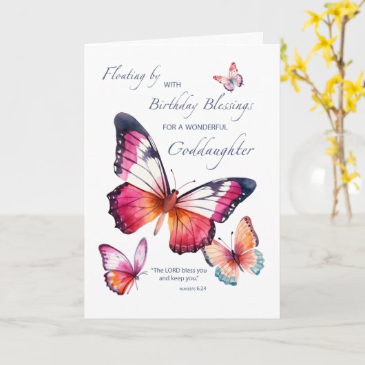 Oudere peetdochter religieuze verjaardag vlinders kaart (Gele Bloem)