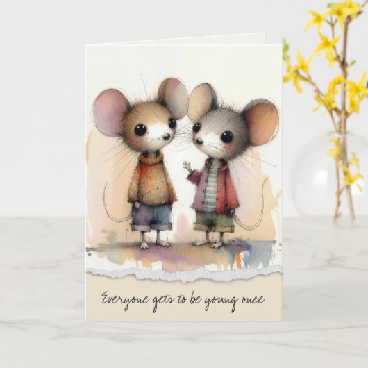 Oudere Verjaardag Waterverf Muizen Kaart (Gele Bloem)