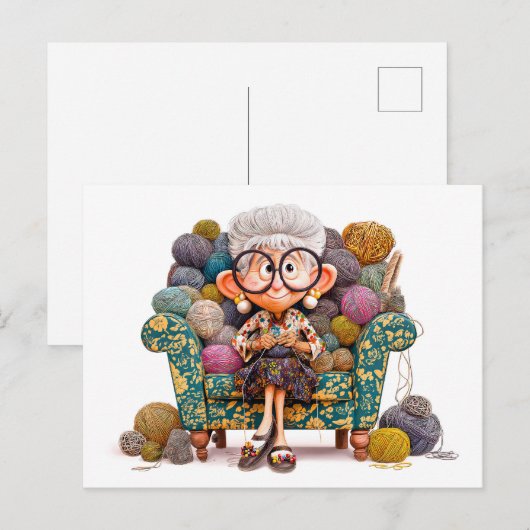 Oudere vrouw breien gelukkig omringd door garen feestdagenkaart (Voorkant / Achterkant)