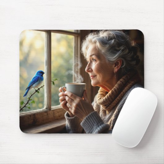 Oudere vrouw die een blauwe vogel bekijkt muismat (Met muis)