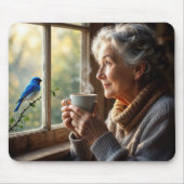 Oudere vrouw die een blauwe vogel bekijkt muismat (Voorkant)
