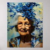 Oudere vrouw en blauwe vlinders poster (Voorkant)