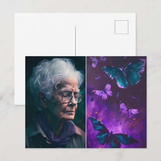 Oudere vrouw en vlinders briefkaart (Voorkant / Achterkant)