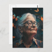 Oudere vrouw in bril met Briefkaart van botervlieg (Voorkant / Achterkant)