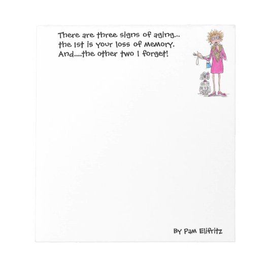 Oudere vrouw lacht om tekenen van ouder worden notitieblok (Voorkant)