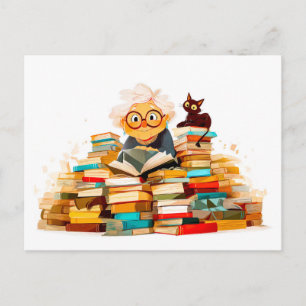 Oudere vrouw leest in boeken met vrolijke uitdrukk feestdagenkaart
