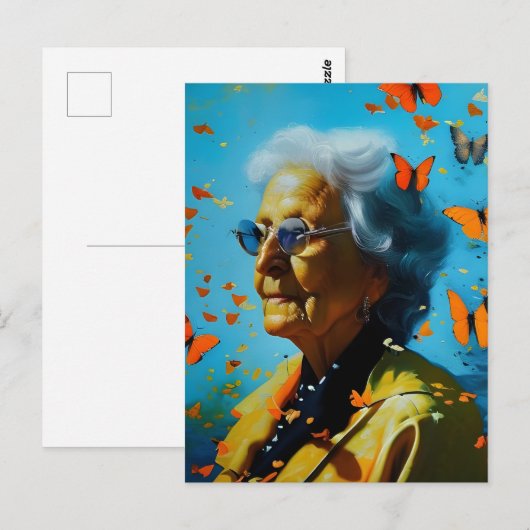 Oudere vrouw met botervliegen briefkaart (Voorkant / Achterkant)