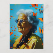 Oudere vrouw met botervliegen briefkaart (Voorkant)