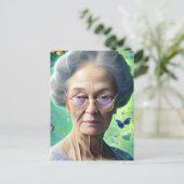 Oudere vrouw met botervliegen briefkaart (Staand voorkant)