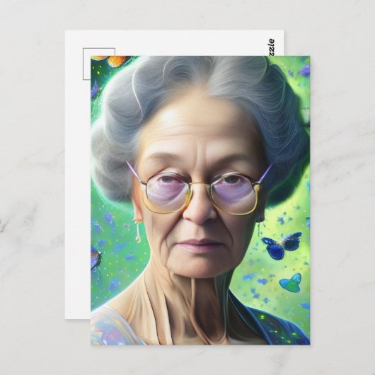 Oudere vrouw met botervliegen briefkaart (Voorkant / Achterkant)