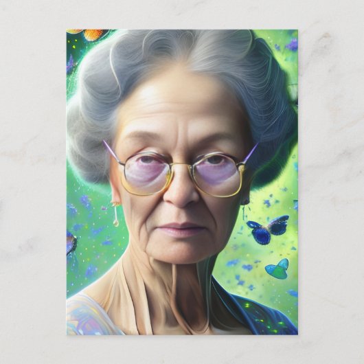 Oudere vrouw met botervliegen briefkaart (Voorkant)