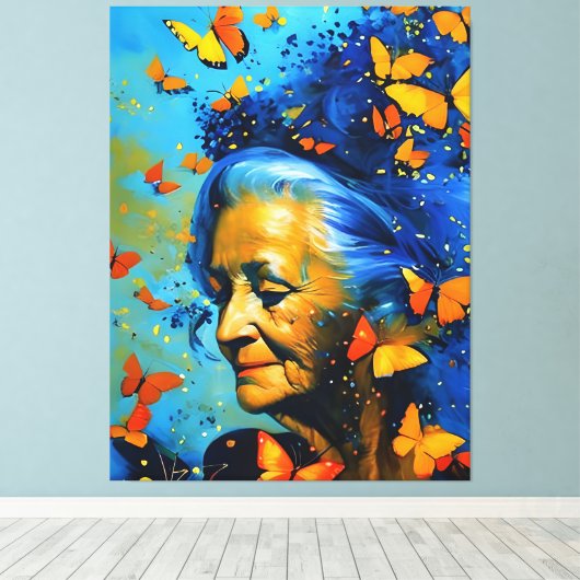 Oudere vrouw met botervliegen canvas afdruk (Insitu (Houten vloer))