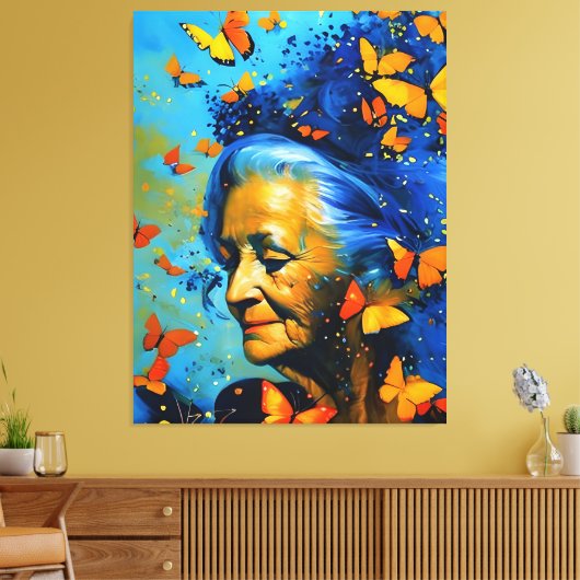 Oudere vrouw met botervliegen canvas afdruk (Insitu (Woonkamer))