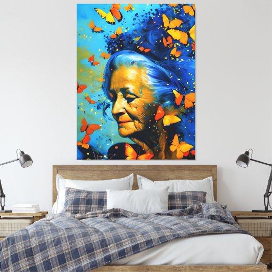 Oudere vrouw met botervliegen canvas afdruk (Insitu (Slaapkamer))