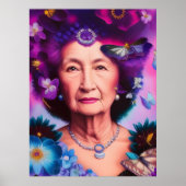 Oudere vrouw met botervliegen en bloemen poster (Voorkant)