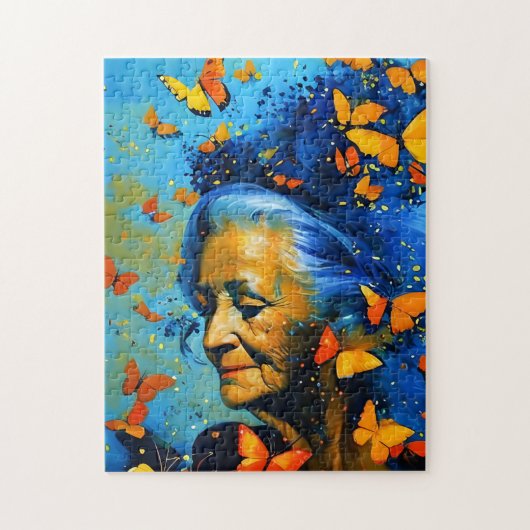 Oudere vrouw met botervliegen legpuzzel (Verticaal)