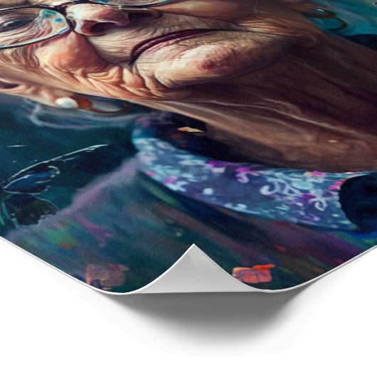 Oudere vrouw met botervliegen poster (Hoek)