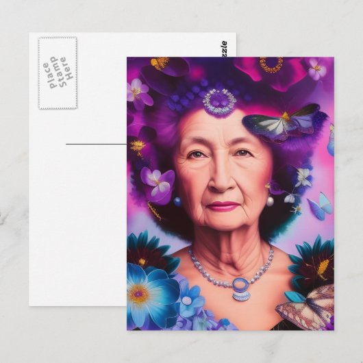 Oudere vrouw met Briefkaart Butterflies (Voorkant / Achterkant)