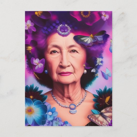 Oudere vrouw met Briefkaart Butterflies (Voorkant)