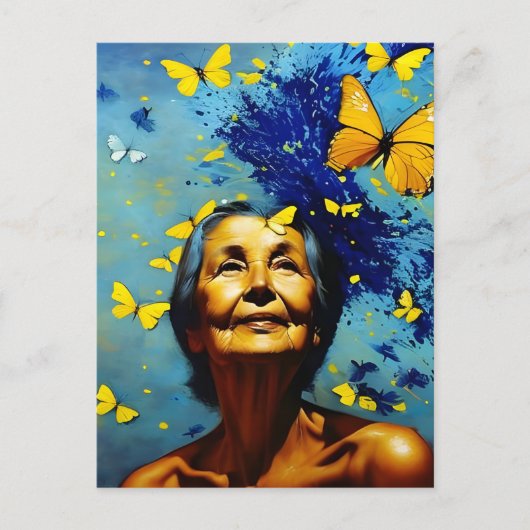 Oudere vrouw met Briefkaart Butterflies (Voorkant)