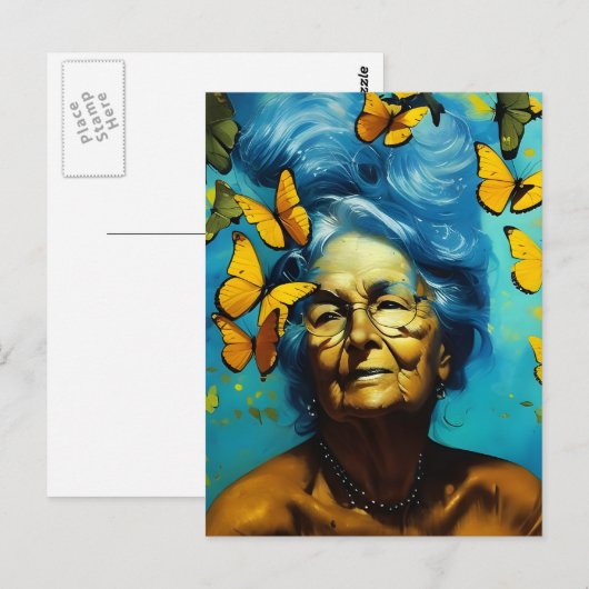 Oudere vrouw met Briefkaart Butterflies (Voorkant / Achterkant)
