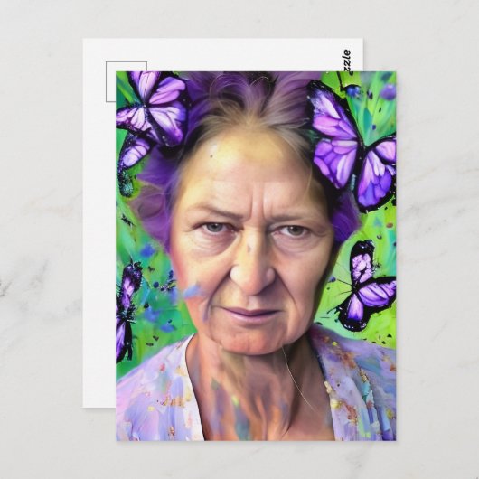 Oudere vrouw met Butterflies groene achtergrond Briefkaart (Voorkant / Achterkant)
