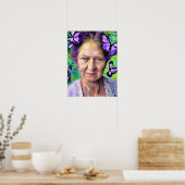 Oudere vrouw met Butterflies groene achtergrond Poster (Keuken)