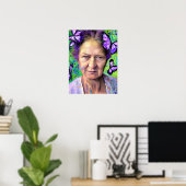 Oudere vrouw met Butterflies groene achtergrond Poster (Thuiskantoor)