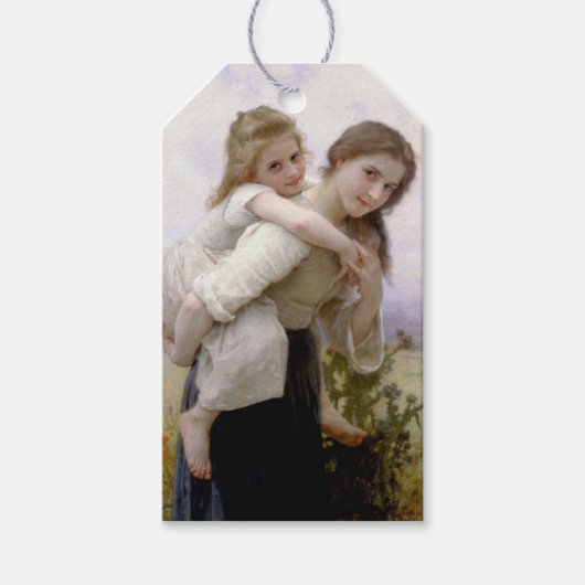 Oudere Zus Giving Jongere Zus Piggyback Ride Cadeaulabel (Voorkant)