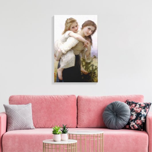 Oudere Zus Giving Jongere Zus Piggyback Ride Canvas Afdruk (Insitu (Woonkamer))