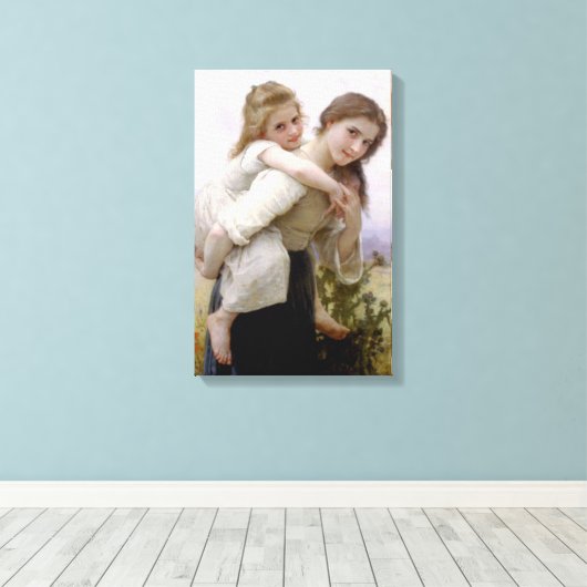 Oudere Zus Giving Jongere Zus Piggyback Ride Canvas Afdruk (Insitu (Houten vloer))