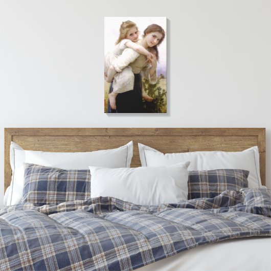 Oudere Zus Giving Jongere Zus Piggyback Ride Canvas Afdruk (Insitu (Slaapkamer))