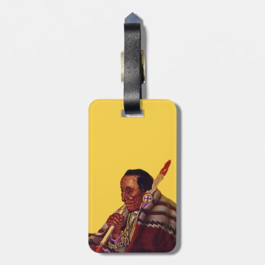 Ouderen Native American Peace Pipe op Yellow Bagagelabel (Achterkant verticaal)