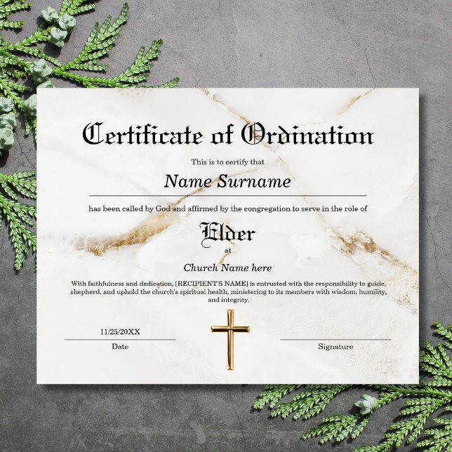Ouderenkerkcertificaat van wijding (white marble with gold cross, elegant classic design)