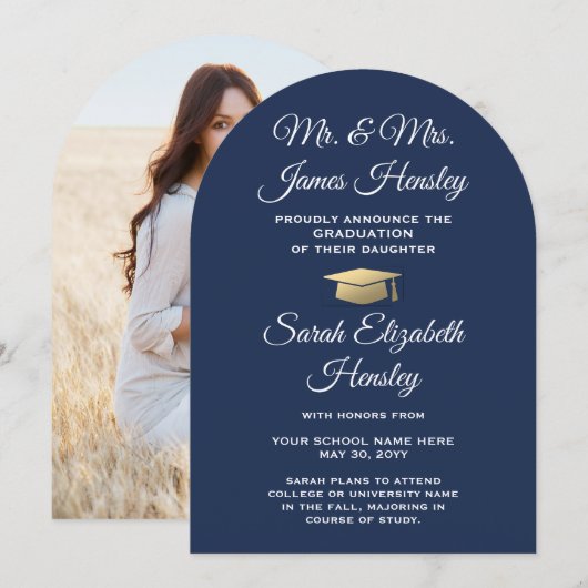 Ouders Navy Blue Foto Afstuderen Aankondiging (Voorkant / Achterkant)
