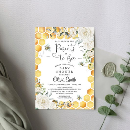 Ouders te Bee White Floral Baby shower Invitation Kaart