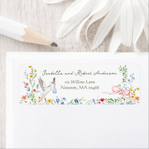 Ouderwet Rose Lint en Ooievaar Baby Shower Etiket