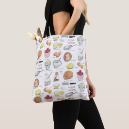 Ouderwet wit, rood en geel recept patroon tote bag
