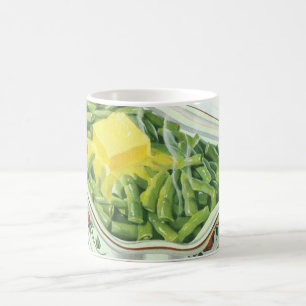 Ouderwets eten, groene bonencasserole met boter koffiemok