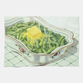 Ouderwets eten, groene bonencasserole met boter theedoek