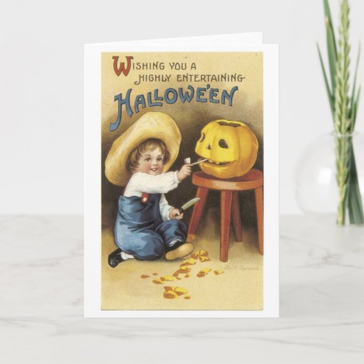 Ouderwets Halloween, Jongen maakt lantaarn Kaart (Voorkant)