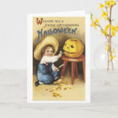 Ouderwets Halloween, Jongen maakt lantaarn Kaart (Gele Bloem)