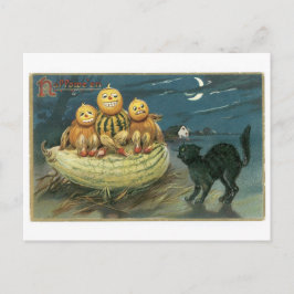 Ouderwets Halloween, Pompoenen & Zwarte kat Briefkaart
