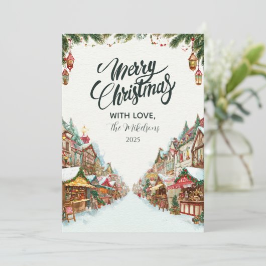 Ouderwets kerstdorp feestdagenkaart (Staand voorkant)